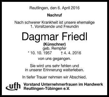 Anzeige von Dagmar Friedl von Reutlinger Generalanzeiger