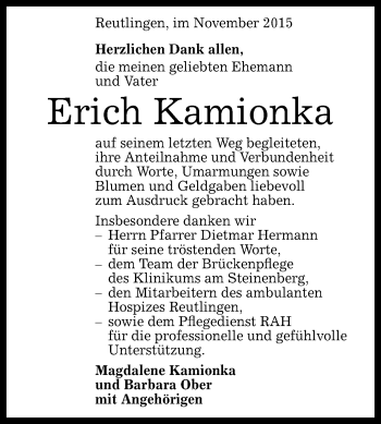 Anzeige von Erich Kamionka von Reutlinger Generalanzeiger