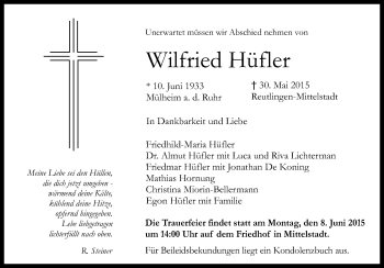 Anzeige von Wilfried Hüfler von Reutlinger Generalanzeiger