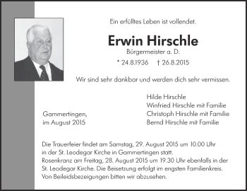 Anzeige von Erwin Hirschle von Reutlinger Generalanzeiger