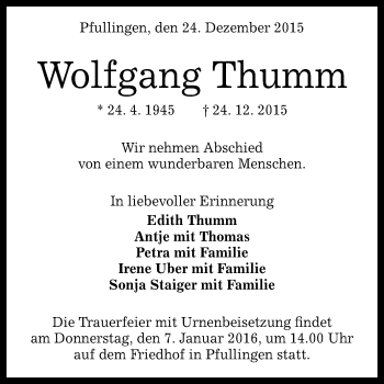 Anzeige von Wolfgang Thumm von Reutlinger Generalanzeiger