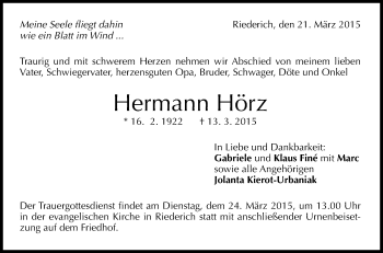 Anzeige von Hermann Hörz von Reutlinger Generalanzeiger