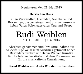 Anzeige von Rudi Weiblen von Reutlinger Generalanzeiger