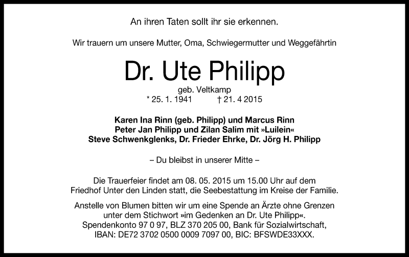  Traueranzeige für Ute Philipp vom 25.04.2015 aus Reutlinger Generalanzeiger