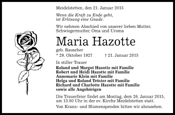 Anzeige von Maria Hazotte von Reutlinger Generalanzeiger