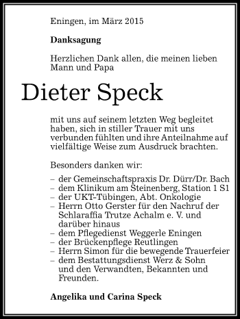 Anzeige von Dieter Speck von Reutlinger Generalanzeiger