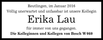 Anzeige von Erika Lau von Reutlinger Generalanzeiger