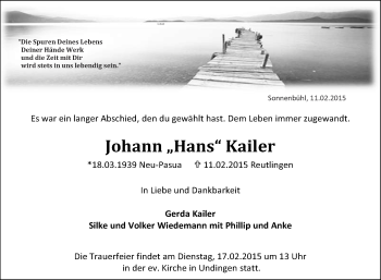 Anzeige von Johann Kailer von Reutlinger Generalanzeiger
