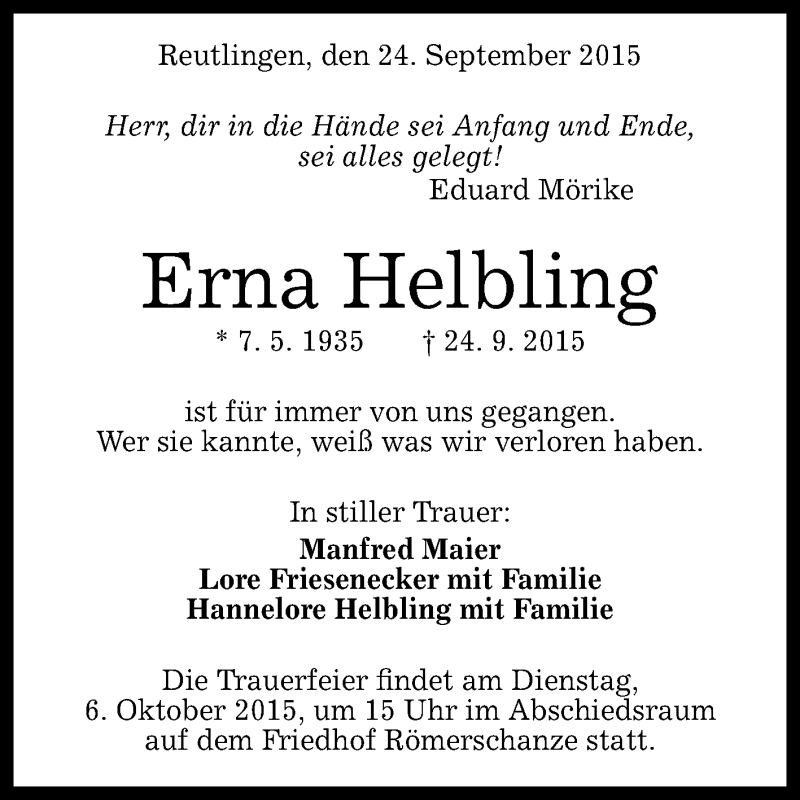  Traueranzeige für Erna Helbling vom 02.10.2015 aus Reutlinger Generalanzeiger
