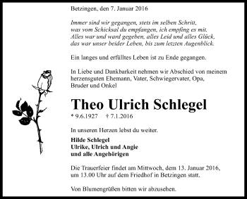 Anzeige von Theo Ulrich Schlegel von Reutlinger Generalanzeiger