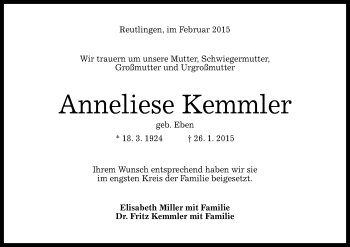 Anzeige von Anneliese Kemmler von Reutlinger Generalanzeiger