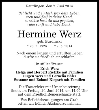 Anzeige von Hermine Werz von Reutlinger Generalanzeiger