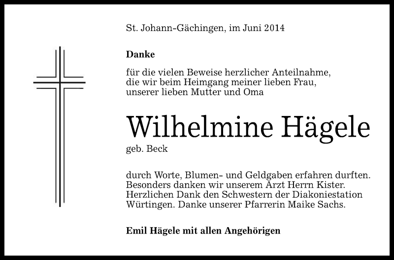 Traueranzeige für Wilhelmine Hägele vom 16.06.2014 aus Reutlinger Generalanzeiger
