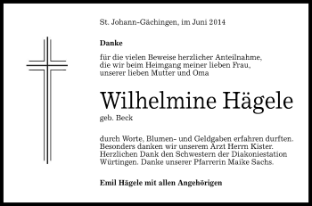 Anzeige von Wilhelmine Hägele von Reutlinger Generalanzeiger