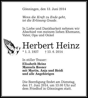 Anzeige von Herbert Heinz von Reutlinger Generalanzeiger