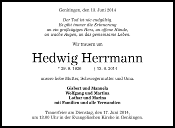 Anzeige von Hedwig Herrmann von Reutlinger Generalanzeiger