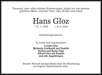 Anzeige von Hans Gloz von Reutlinger Generalanzeiger