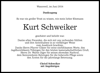 Anzeige von Kurt Schweiker von Reutlinger Generalanzeiger