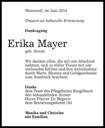 Anzeige von Erika Mayer von Reutlinger Generalanzeiger