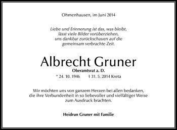 Anzeige von Albrecht Gruner von Reutlinger Generalanzeiger