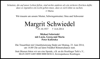 Anzeige von Margrit Schwiedel von Reutlinger Generalanzeiger