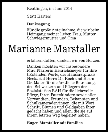 Anzeige von Marianne Marstaller von Reutlinger Generalanzeiger