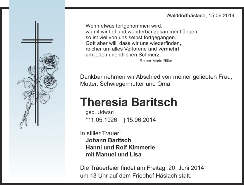  Traueranzeige für Theresia Baritsch vom 18.06.2014 aus Reutlinger Generalanzeiger