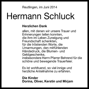 Anzeige von Hermann Schluck von Reutlinger Generalanzeiger