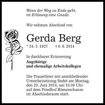 Anzeige von Gerda Berg von Reutlinger Generalanzeiger