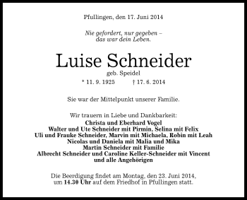 Anzeige von Luise Schneider von Reutlinger Generalanzeiger