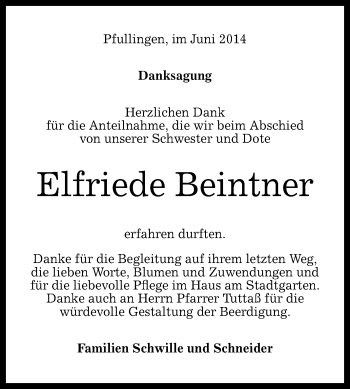 Anzeige von Elfriede Beintner von Reutlinger Generalanzeiger