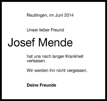 Anzeige von Josef Mende von Reutlinger Generalanzeiger