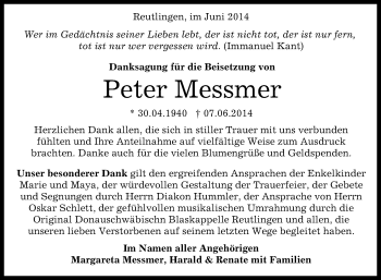 Anzeige von Peter Messmer von Reutlinger Generalanzeiger