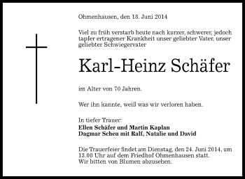 Anzeige von Karl-Heinz Schäfer von Reutlinger Generalanzeiger