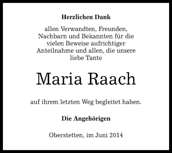Anzeige von Maria Raach von Reutlinger Generalanzeiger