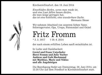 Anzeige von Fritz Fromm von Reutlinger Generalanzeiger
