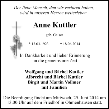 Anzeige von Anne Kuttler von Reutlinger Generalanzeiger