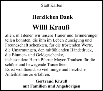 Anzeige von Willi Krauß von Reutlinger Generalanzeiger