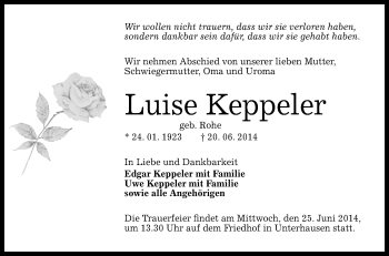 Anzeige von Luise Keppeler von Reutlinger Generalanzeiger