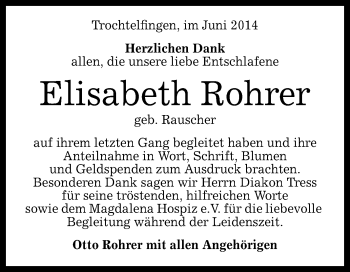 Anzeige von Elisabeth Rohrer von Reutlinger Generalanzeiger