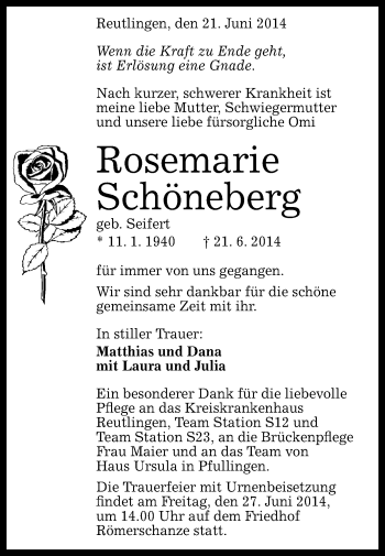 Anzeige von Rosemarie Schöneberg von Reutlinger Generalanzeiger