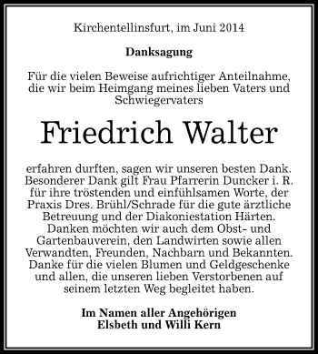 Anzeige von Friedrich Walter von Reutlinger Generalanzeiger