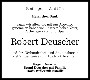 Anzeige von Robert Deuscher von Reutlinger Generalanzeiger