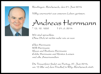 Anzeige von Andreas Herrmann von Reutlinger Generalanzeiger