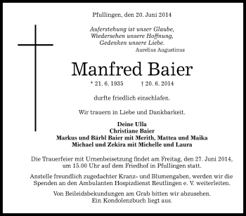 Anzeige von MAnfred Baier von Reutlinger Generalanzeiger