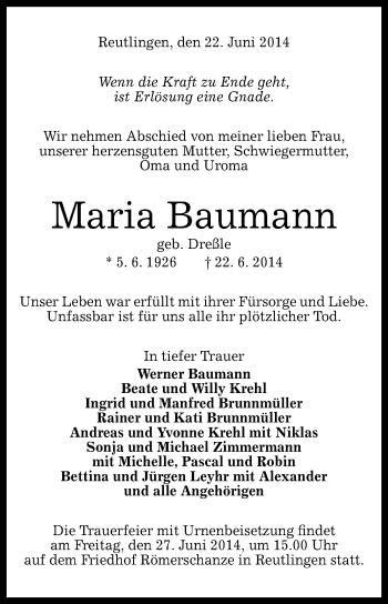 Anzeige von Maria Baumann von Reutlinger Generalanzeiger