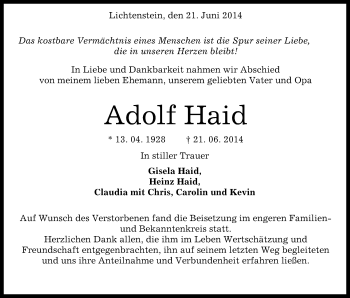 Anzeige von Adolf Haid von Reutlinger Generalanzeiger
