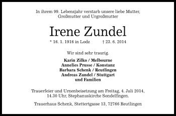 Anzeige von Irene Zendel von Reutlinger Generalanzeiger