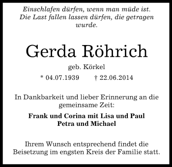 Anzeige von Gerda Röhrich von Reutlinger Generalanzeiger