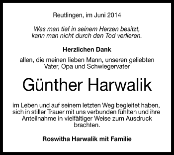 Anzeige von Günther Harwalik von Reutlinger Generalanzeiger
